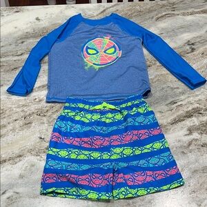jumping beans Blue Rashguard and Neon Patterned Swim Shorts